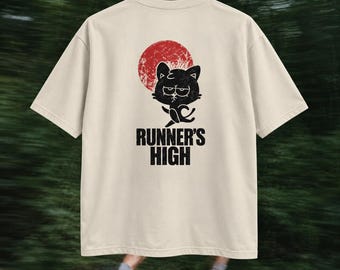 Runner's High Oversize T-Shirt | Vintage Washed Cat Print | Streetwear Running Shirt | Gift for Runners | S-XXL