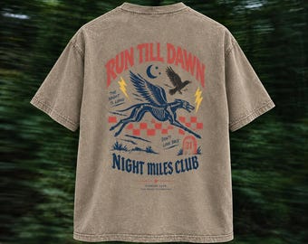 Running Oversize T-Shirt Acid Wash – Run Till Dawn Shirt with Back Print – Vintage Night Miles Club Streetwear