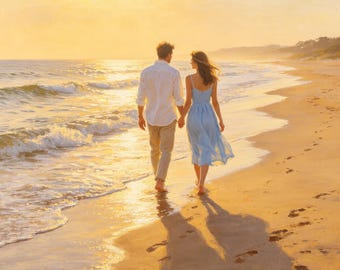 Benutzerdefinierte handgemalte Paar Strand Ölgemälde vom Foto, romantische Sonnenuntergang Meerlandschaft Küsten Leinwand Kunst, personalisiertes Geschenk zum Hochzeitstag