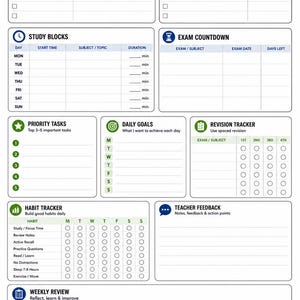 May include: A white and blue student study planner with sections for assignments, due dates, study blocks, and exam countdown. Includes habit tracker, daily goals, and revision tracker. The planner also has study tips.
