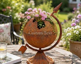 Op maat gemaakte rustieke aardbol bloempot, handgemaakte metalen bloempot, vintage tuinsculptuur, unieke terrasdecoratie, plantenbak voor binnen en buiten.