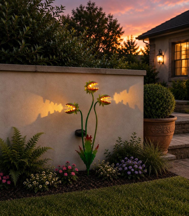 May include: A decorative garden light shaped like a three-headed Venus flytrap plant with green stems and leaves. Each head features an open mouth with jagged teeth and a warm, glowing yellow light inside, casting a distinct shadow on the wall.