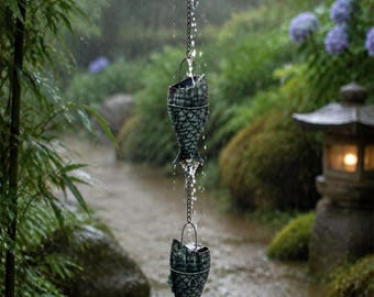 Gepersonaliseerde regenketting met vismotief | Metalen regenketting voor de tuingoot | Unieke buitendecoratie | Handgemaakte waterval | Cadeau voor tuinliefhebbers