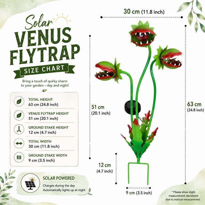 May include: A solar-powered Venus flytrap garden stake with three green and red heads. The total height is 24.8 inches and the total width is 11.8 inches. The ground stake height is 4.7 inches and width is 3.5 inches. Text includes Solar Venus Flytrap.