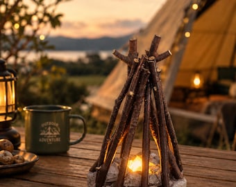 Handgemaakt kampvuurnachtlampje, rustiek campingdecor, natuurlijke twijglantaarn, 3 verlichtingsstanden, gezellige kinderkamerlamp, uniek cadeau