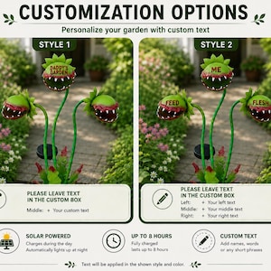 May include: A solar-powered garden stake featuring three green, toothy plant heads. Style 1 shows 'DADDY'S GARDEN' on the top head. Style 2 shows 'FEED', 'ME', and 'FLESH' on the heads. Includes instructions to leave custom text in the provided box.