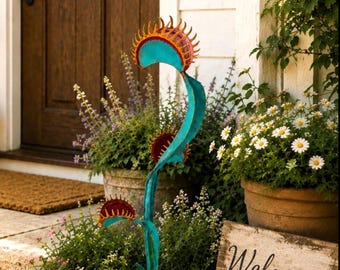Custom Metal Venus Flytrap Garden Stake, Customizable Outdoor Yard Art, Hand-Painted Carnivorous Plant Sculpture, Unique Garden Decoration