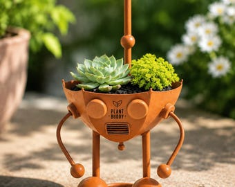Gepersonaliseerde robotbloempot, metalen bloempot, succulentenpot, grappige tuindecoratie, rustieke plantenhouder voor buiten, cadeau voor tuinliefhebbers