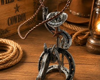 Custom Cowboy Metal Sculpture Decor, Western Horse Statue, Rustic Ranch Home Accent, Unique Desk Ornament, Handmade Farmhouse Gift
