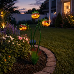 May include: A solar-powered garden stake featuring three green, plant-like heads with open, toothy mouths that glow with a warm yellow light. The structure has thin green stems and a small solar panel attached to the base, set in dark soil.