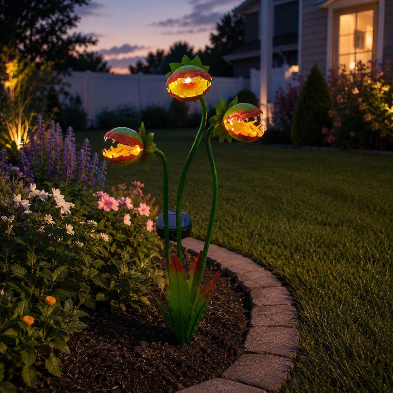 May include: A solar-powered garden stake featuring three green, plant-like heads with open, toothy mouths that glow with a warm yellow light. The structure has thin green stems and a small solar panel attached to the base, set in dark soil.