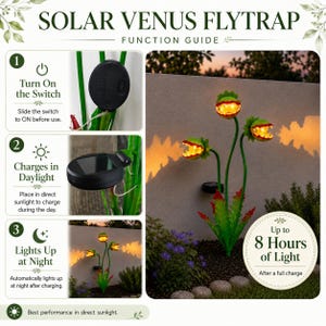 May include: A solar-powered Venus flytrap garden light featuring three green stalks with illuminated, toothy, red-centered heads. The guide shows a black solar panel, a power switch, and instructions for charging in daylight for 8 hours of light.