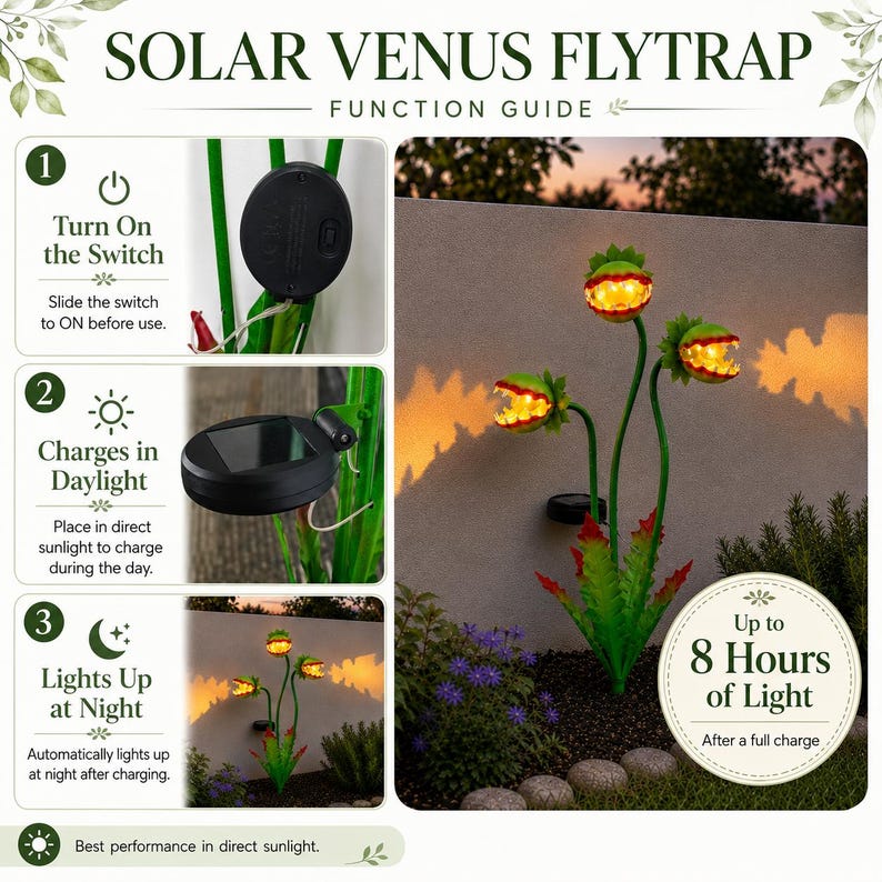 May include: A solar-powered Venus flytrap garden light featuring three green stalks with illuminated, toothy, red-centered heads. The guide shows a black solar panel, a power switch, and instructions for charging in daylight for 8 hours of light.