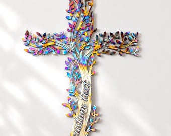 Personalized Tree of Life Cross Metal Wall Art | Custom Text Christian Gift for Home Decor | Iridescent Rainbow Spiritual Cross Ornament