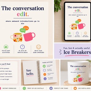 Puede incluir: Imagen promocional de "The Conversation Edit", con una taza blanca, una tableta y un cuaderno. El diseño incluye texto colorido e ilustraciones de tazas y bocadillos, que promueven actividades para romper el hielo.