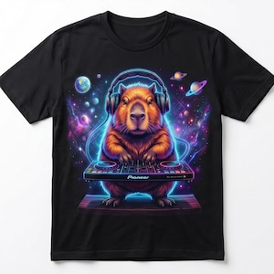 May include: A black t-shirt featuring a graphic of a brown capybara wearing headphones and operating a Pioneer DJ controller. The background displays a vibrant, colorful outer space scene with planets, stars, and glowing nebulae in shades of blue, purple, and pink.