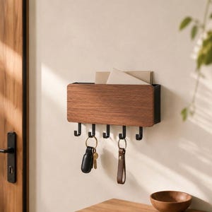 Wall Key Holder with Shelf, Entryway Organizer, Mail Organizer, Wooden Key Rack, No Drill Key Hanger, Adhesive Wall Hooks, Housewarming Gift