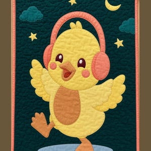 May include: A rectangular quilted wall hanging featuring a yellow chick wearing coral pink headphones. The chick is centered on a dark teal background with yellow stars, a yellow crescent moon, and two teal clouds. The border is a coral pink fabric.