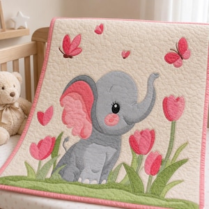 Baby Elephant Applique Quilt Pattern | Patchwork Elephant Pattern PDF Nursery Quilt PDF | Baby Shower Gift Sewing Pattern