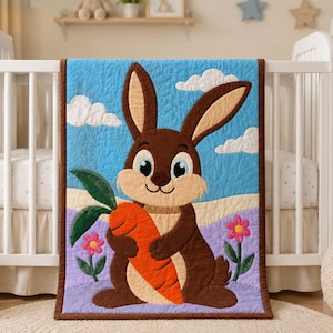 May include: A rectangular quilted baby blanket featuring a central brown rabbit holding a large orange carrot. The background depicts a blue sky with white clouds, a beige horizon, and a light purple foreground with two small pink flowers.