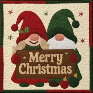 May include: A square fabric wall hanging featuring two gnomes, one in a red hat and one in a green hat, holding a brown sign that reads Merry Christmas. The background is cream with small embroidered stars and a red and green border.