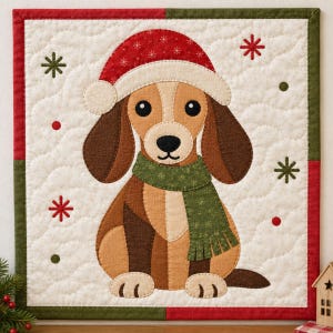 Peut inclure: Une tenture murale carrée en tissu avec un fond matelassé crème orné de flocons de neige rouges et verts. Une applique centrale représente un teckel marron portant un bonnet de Père Noël rouge à bordure blanche et une écharpe verte à franges.