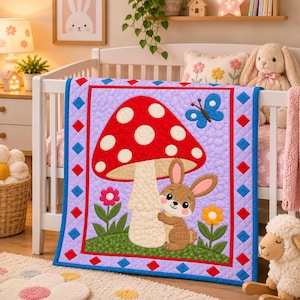 May include: A rectangular baby quilt featuring a central illustration of a brown rabbit standing next to a large red mushroom with white spots. The design includes a blue butterfly, pink and orange flowers, and a purple background with a diamond border.