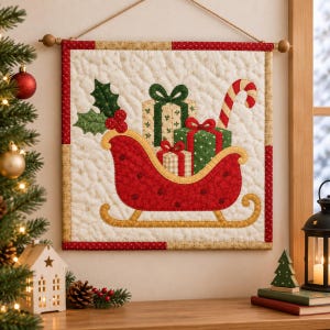 May include: A square quilted wall hanging featuring a red sleigh filled with three wrapped gift boxes and a candy cane. The design includes green holly leaves with red berries, set against a cream-coloured background with gold accents.