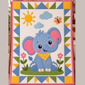 May include: A rectangular quilt featuring a central blue elephant with pink ears and a yellow polka-dot bandana. The scene includes a yellow sun, blue clouds, a butterfly, and pink flowers on a green patch. The border has blue, green, and yellow triangles.