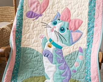 Patrón de edredón infantil con diseño de gato juguetón en PDF, edredón con apliques de retazos de gato, tapiz para la habitación del bebé, decoración para la habitación de los niños, patrón de edredón fácil.