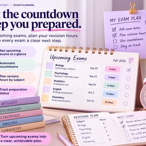 May include: A spiral-bound desk calendar titled Upcoming Exams Fall 2026 with a table listing subjects like Biology and Chemistry, alongside a revision plan notebook, a stack of five coloured books, a pink alarm clock, and a purple sticky note.