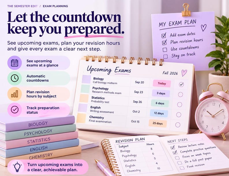 May include: A spiral-bound desk calendar titled Upcoming Exams Fall 2026 with a table listing subjects like Biology and Chemistry, alongside a revision plan notebook, a stack of five coloured books, a pink alarm clock, and a purple sticky note.