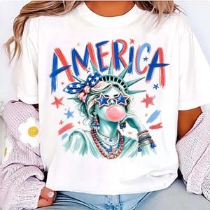Preppy American Bubble Gum Liberty Girl Png, Patriotisk Frihetsgudinnan Png, 4 juli sublimering, USA DTF-överföring