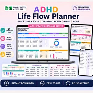 May include: ADHD Life Flow Planner digital template for Google Sheets and Excel 365. Features an auto-updating command center, task tracker, daily focus system, money dashboard, cleaning reset, and weekly meal planner displayed on laptop, tablet, and phone screens.