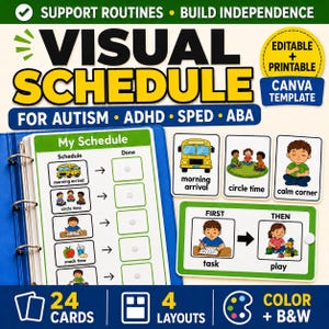 Peut inclure: Un modèle de planning visuel pour l'autisme, le TDAH et l'éducation spécialisée, comprenant un classeur bleu avec une page Mon Planning, des cartes d'activités individuelles et un tableau Premier-Puis, le tout éditable et imprimable.