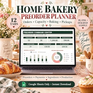 Op de afbeelding: Een digitale Home Bakery Preorder Planner weergegeven op een laptopscherm, met een Preorder Command Center dashboard met grafieken, omzetgegevens en ordertracking. De interface bevat tekstlabels voor bestellingen, capaciteit, bakken en ophalen, met een Google Sheets Only en Instant Download badge onderaan.