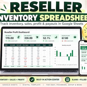 May include: A digital reseller inventory spreadsheet template for Google Sheets displayed on a laptop and smartphone screen. The dashboard shows net profit, receipts, and profit margin data with a monthly net profit bar chart.