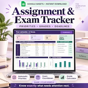 Può includere: Un tracker digitale per compiti ed esami per Google Sheets visualizzato su uno schermo di un portatile. L'interfaccia presenta sezioni per priorità, voti e scadenze, includendo un conto alla rovescia per gli esami e grafici di avanzamento.