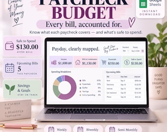 Paycheck Budget Spreadsheet for Google Sheets | Bill Calendar & Safe-to-Spend | Weekly, Biweekly, Semi-Monthly