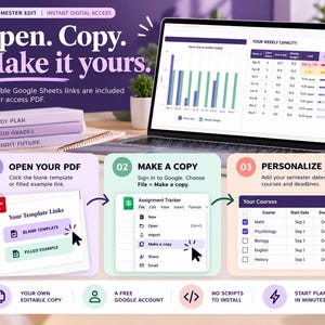 May include: A digital academic planner template displayed on a laptop screen and in three instructional steps. The text reads: The Semester Edit, Open. Copy. Make it yours., Clickable Google Sheets links are included in your access PDF, 01 Open Your PDF, 02 Make a Copy, 03 Personalise, Your Weekly Capacity, Assignment Tracker, and Your Courses.