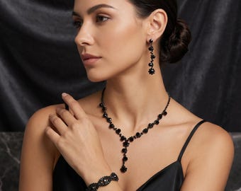 Vintage Black Crystal Floral Statement Jewelry Set, Bridal Wedding Necklace Earrings Bracelet