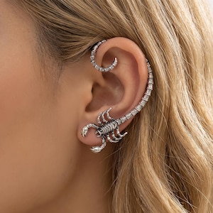 Scorpion Ear Cuff Climber, Gothic Punk Wrap Earrings, Black Statement Jewelry