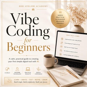 Könnte beinhalten: Eine Werbegrafik für die Her Atelier Academy mit dem Titel Vibe Coding for Beginners. Sie zeigt einen Laptop mit einer Lehrplanliste, eine Keramiktasse und ein Spiralnotizbuch mit den Wörtern Focus, Plan, Create. Goldene Akzente und Texte beschreiben KI-Fähigkeiten, Einsteigertechnologie und praktische Projekte.