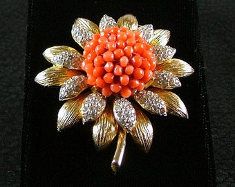 NETTIE ROSENSTEIN Flower Brooch with Coral Bead Center and Pave Rhinestones