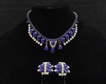 1950's GALE Cobalt and Rhinestone Necklace and Earring Set