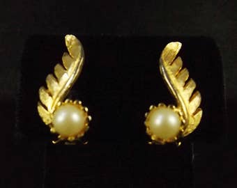 Gold Tone and White Faux Pearl Clip On Earrings