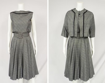 Ca. 1950s Black and White Plaid Dress with Jacket US Size Small to Medium