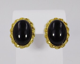 Ovale schwarze Glas cabs in Gold Lünette Ohrringe