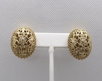 Gold Filigree Domed Oval Clip On Earrings