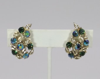 LISNER Blue Aurora Borealis and Green Rhinestone Clip On Earrings